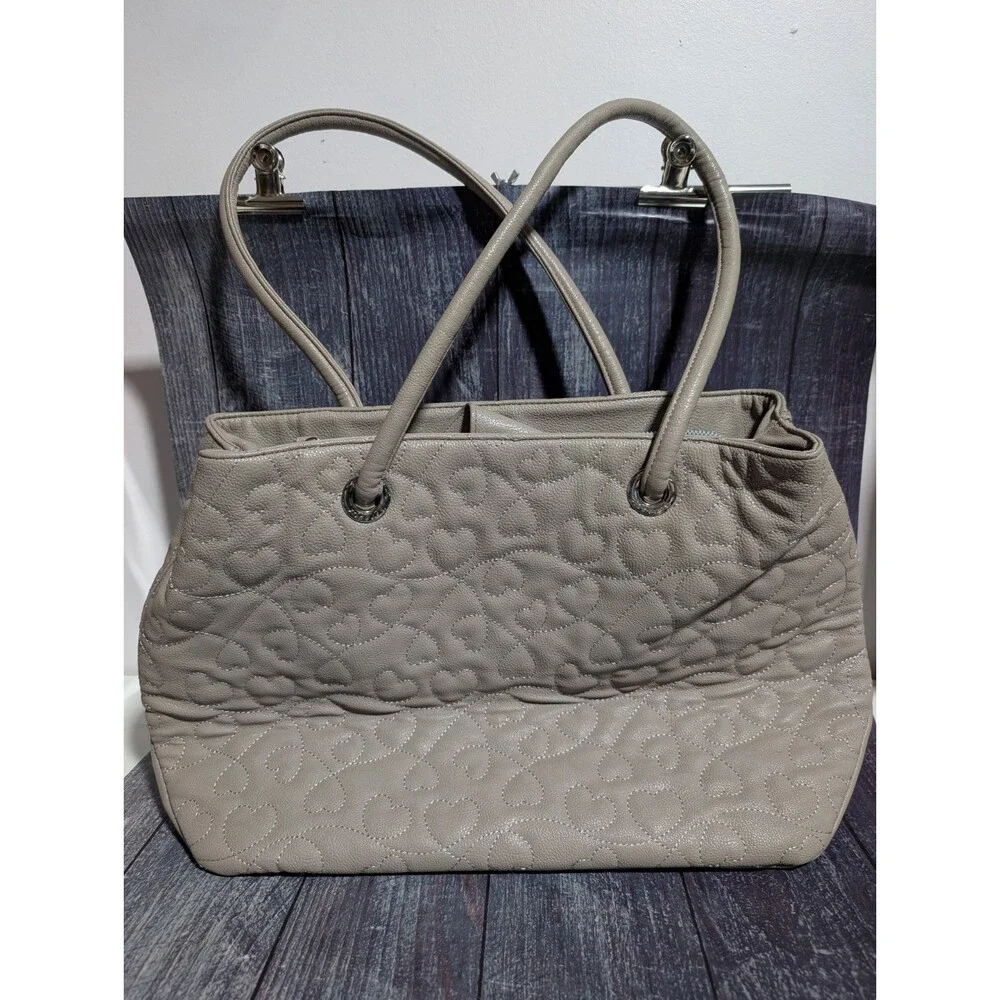 Betsey Johnson Gray Taupe Embroidered Quilted Heart Tote Bag - RARE Vintage